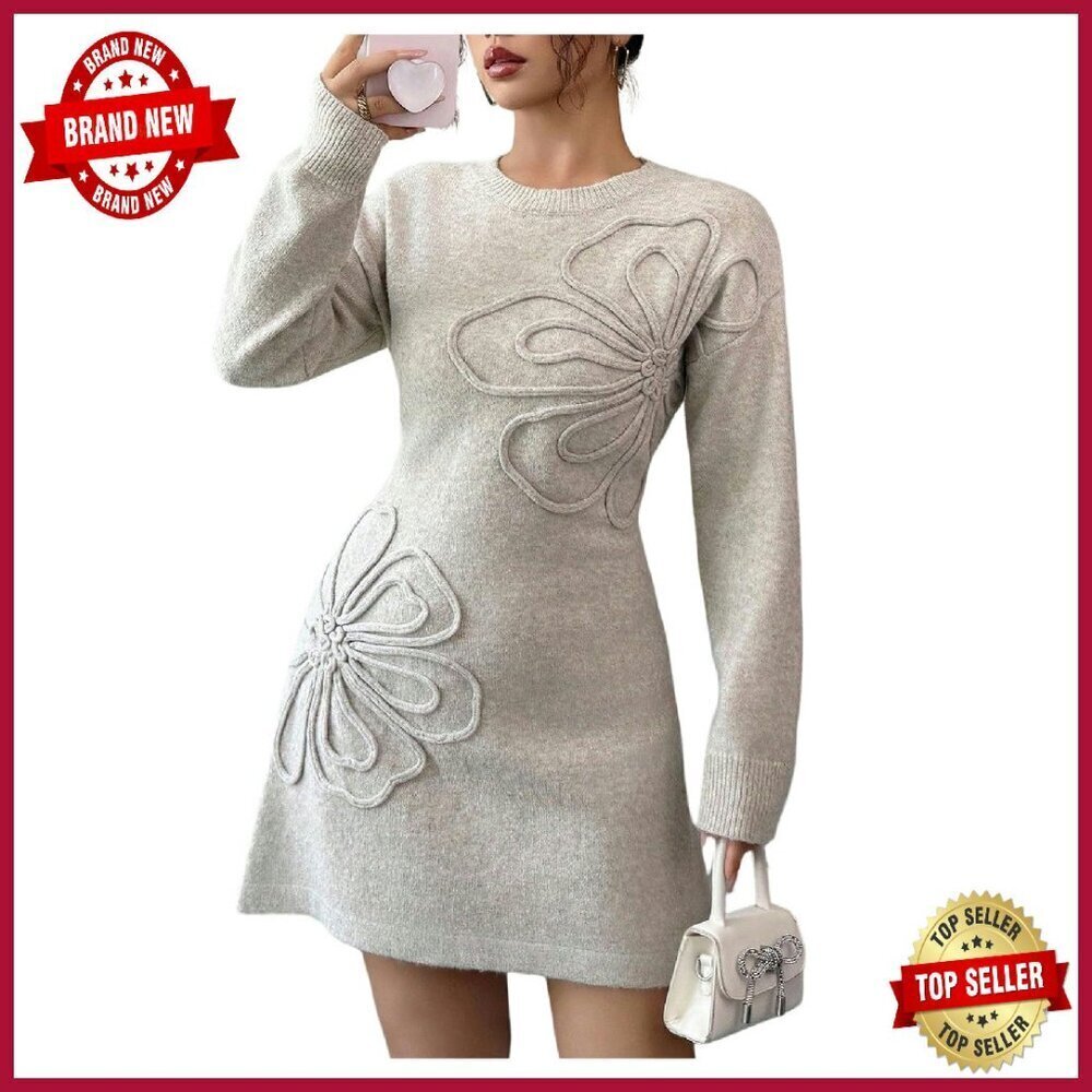 Floral Jacquard Sweater Dress Long Sleeve A-Line Fall Casual Outfit